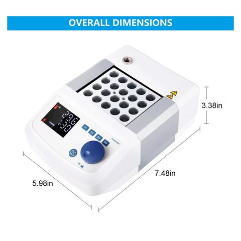 Digital Dry Bath Incubator With Led Display And Aluminum Heating Block For Lab Use showing dimensions of 7.48x5.98x3.38 inches.