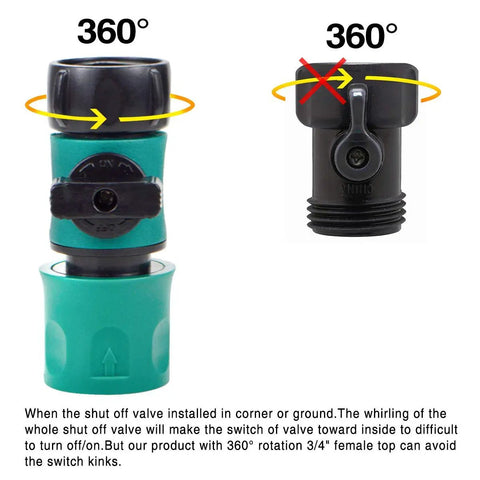 360-degree rotating hose shut off valve in a kit with quick connects for garden hoses, must have five valves, durable fittings.