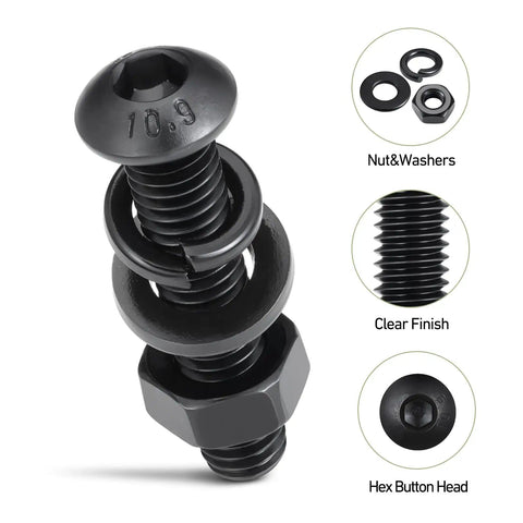 Detailed view of M6 Bolt Kit With Hex Socket Button Head Screws Nuts Washers And Lock Washers 655Pcs Grade 10 9 Alloy Steel Black Oxide