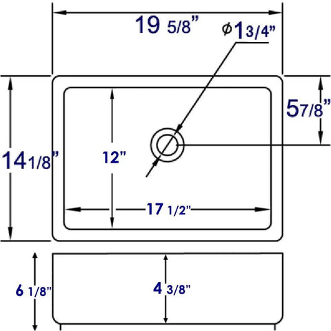 Dimensions diagram for 20 Inch Rectangular Ceramic Above Mount Bathroom Sink White with rear center drain and chrome overflow