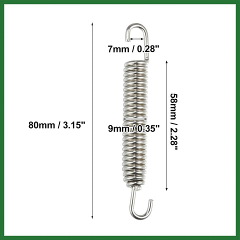 Motoforti stainless steel exhaust pipe spring with hooks, front view, 80mm length, 7mm wire diameter, silver tone