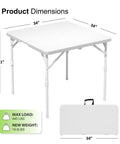 34 Inch Square Folding Table With Carrying Handle, Go To Portable Card Table Fold In Half, white table and folded view