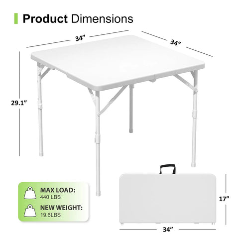34 Inch Square Folding Table With Carrying Handle, Go To Portable Card Table Fold In Half, white table and folded view