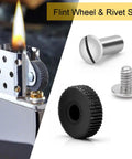 Universal Lighter Repair Kit Stuffed With Top Shelf Flint Stones Fresh Cotton Wicks And Heavy Duty Striker Wheels For Rock Solid Fire Sparks On The Go, flint wheel and rivet set with lighter flame.