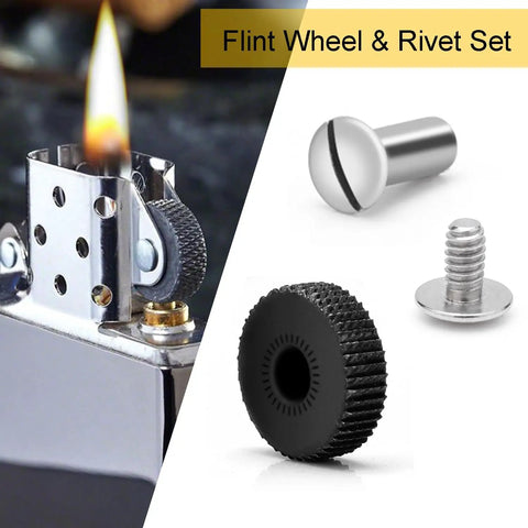 Universal Lighter Repair Kit Stuffed With Top Shelf Flint Stones Fresh Cotton Wicks And Heavy Duty Striker Wheels For Rock Solid Fire Sparks On The Go, flint wheel and rivet set with lighter flame.