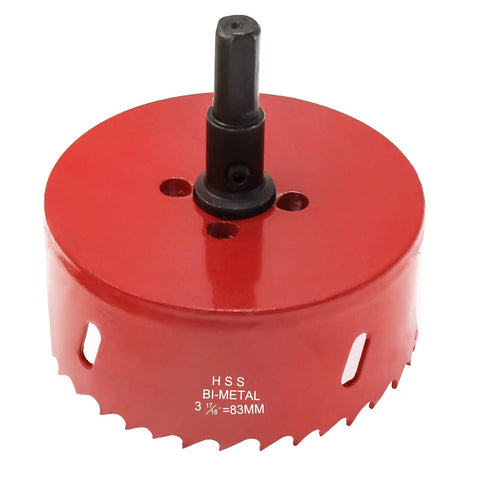 83mm Bi Metal Hole Saw Kit With Twist Drill Bit and L Hex Wrench for Cornhole Boards, made of red M42 steel, front view