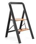 Two Step Folding Aluminum Stool With Wood Grain Finish Anti Slip Design Portable Collapsible Ladder in open position for home use