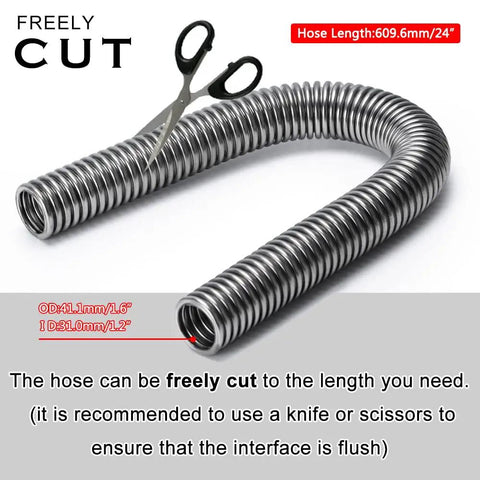 24 Inch Stainless Steel Radiator Flexible Coolant Water Hose Kit With Cap Clamp In Silver For Cars Universal Fit Heavy Duty Beefed Up Cooling Upgrade Performance displayed with scissors indicating customizable cut length.