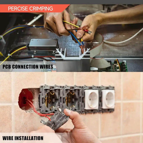 Ratcheting Crimping Tool For Non-Insulated Open Barrel Terminals And Receptacles in use during PCB and wire installation.