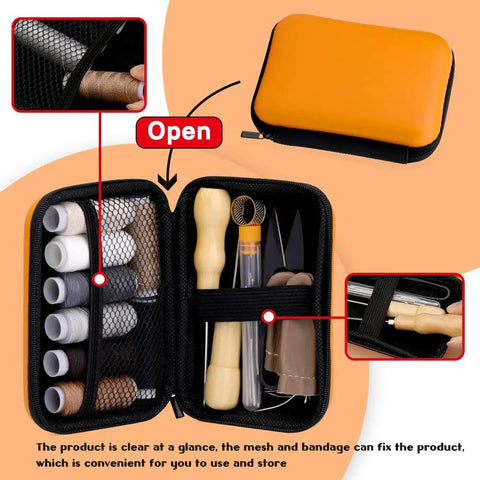 Open case of Pro Grade Heavy Duty Leather Upholstery Repair Kit With 8 Upholstery Threads, 40 Piece Sewing Set, tools visible