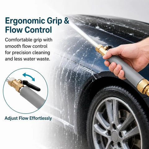 Power Washer Wand With Jet Nozzle for Garden Hose used on car, ergonomic grip, flow control, high-pressure cleaning