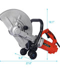 Heavy Duty Beast 3000W Electric Concrete Saw Sporting 14 Inch Blade side view with dimensions 27.6" x 18.1" x 9.4".