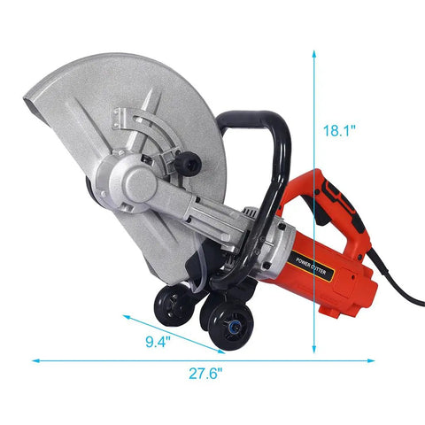 Heavy Duty Beast 3000W Electric Concrete Saw Sporting 14 Inch Blade side view with dimensions 27.6" x 18.1" x 9.4".
