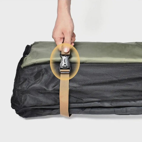 Heavy Duty Luggage Straps Set 2 Pack With Quick Release Buckles securing green and black camping gear.
