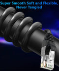 Close-up of Cat6 Ethernet Cable 150 Ft Outdoor Indoor Snagless Round RJ45 Network Cable PoE Ready Ultra Flexible Tangle Free Patch Cord