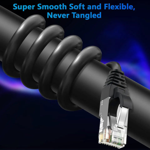 Close-up of Cat6 Ethernet Cable 150 Ft Outdoor Indoor Snagless Round RJ45 Network Cable PoE Ready Ultra Flexible Tangle Free Patch Cord