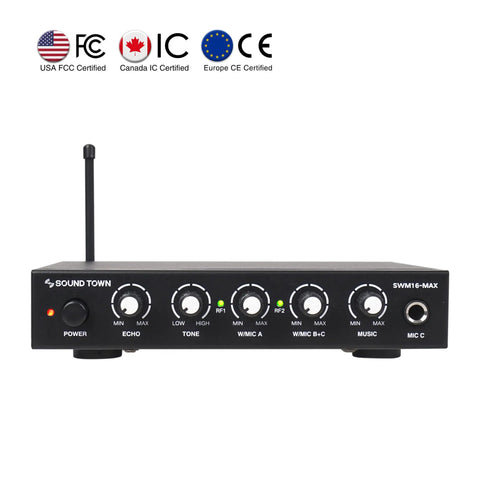 Front view of Dope Wireless Karaoke Microphone Mixer System With HD Audio Return Channel Optical Toslink AUX Bluetooth HDMI In Out TV ARC, showcasing control knobs and indicators.