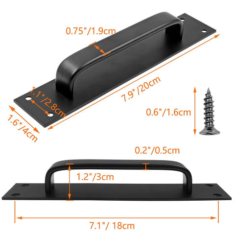 Two Pack Sliding Barn Door Handle Set In Black 7.9 Inch Aluminum Alloy Door Pull For Barn Doors Gates Cabinets Closets Drawers Garages And Sheds With 8 Mounting Screws, showing dimensions and screw