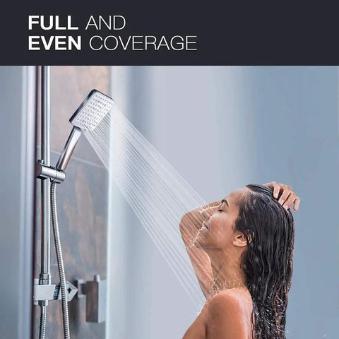 Person enjoying full coverage water flow from Handheld High Pressure Shower Head With 6 Modes Detachable Chrome Square Design