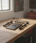 Pro Heavy Duty Motorcycle Engine Camshaft Bearing Removal And Install Tool Kit Heavy Steel Construction Helping Garage Guys Crush Hardest Job Sites With Complete Service Kit Plate And Rod Adapter Parts For Quick Fixes Anytime. black steel kit on workbench with plate and rod adapters