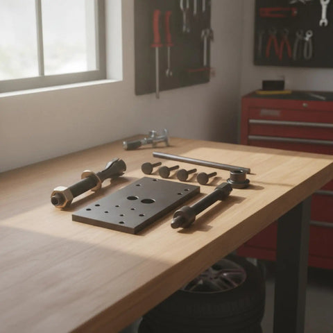 Pro Heavy Duty Motorcycle Engine Camshaft Bearing Removal And Install Tool Kit Heavy Steel Construction Helping Garage Guys Crush Hardest Job Sites With Complete Service Kit Plate And Rod Adapter Parts For Quick Fixes Anytime. black steel kit on workbench with plate and rod adapters