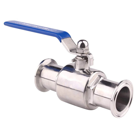 DERNORD 1.5-inch tri-clamp ball valve, 304 stainless steel, PTFE-lined, blue lever handle.
