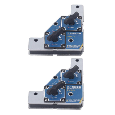 Heavy Duty Welding Magnet Holder with Dual Switch Design For Precise 90 Degree Angle Support And Reliable Fixing Up To 28kg Pull Force, showing dual switches.