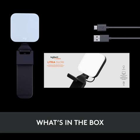 Litra Glow Premium LED Streaming Light with adjustable mount, USB cable, and packaging for video calls and streaming.