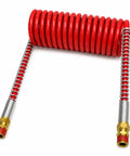 Sick Red Air Coil Hose 12 Ft Long Hits Shop Jobs Heavy Duty Half Inch OD And Half Male Pipe Fittings Replacement Swaps 16212R 022004 451035R No Drama Plug And Go Bad Boy Holds Pressure Tight For All Pneumatic Needs Reliable Workhorse Quality. red coiled air hose with brass male pipe fittings