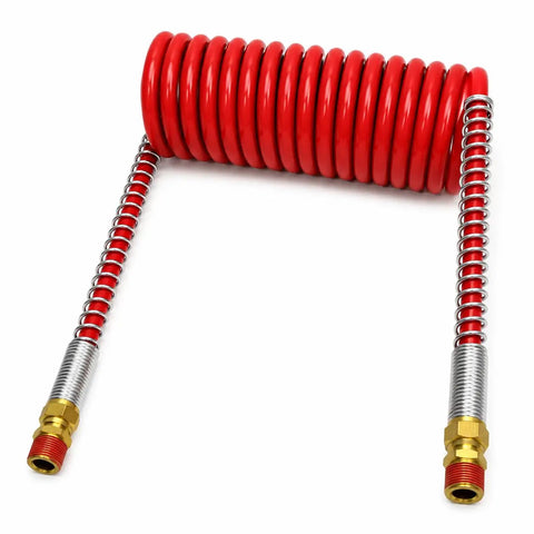 Sick Red Air Coil Hose 12 Ft Long Hits Shop Jobs Heavy Duty Half Inch OD And Half Male Pipe Fittings Replacement Swaps 16212R 022004 451035R No Drama Plug And Go Bad Boy Holds Pressure Tight For All Pneumatic Needs Reliable Workhorse Quality. red coiled air hose with brass male pipe fittings