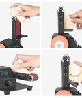 Multifunctional Electric Belt Sander Grinder With 10 Belts, 7-Speed Adjustable Motor For Metal Polishing And Sanding, 0-90 Degree Angle Adjustment, Reverse Function, 8000Rpm Power Tool in use, adjustable head for shaping wood.