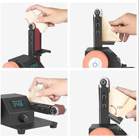 Multifunctional Electric Belt Sander Grinder With 10 Belts, 7-Speed Adjustable Motor For Metal Polishing And Sanding, 0-90 Degree Angle Adjustment, Reverse Function, 8000Rpm Power Tool in use, adjustable head for shaping wood.