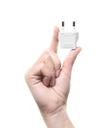 Hand holding compact white European Travel Plug Adapters For Jetset Trips US To Europe Type C Converters 8 Pack