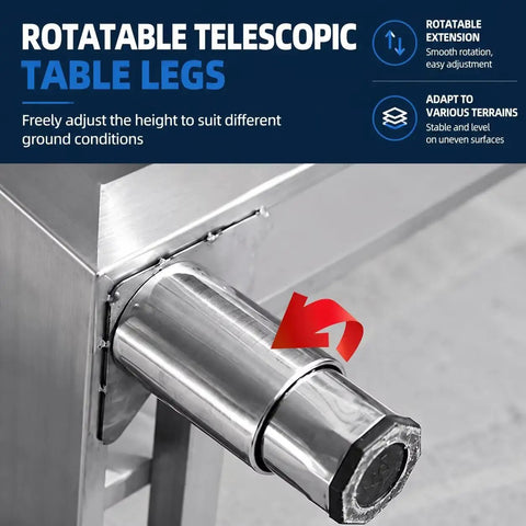 Gutsy No Nonsense Stainless Steel Workbench With Double Sliding Doors Heavy Duty Prep Table showing rotatable telescopic table legs.