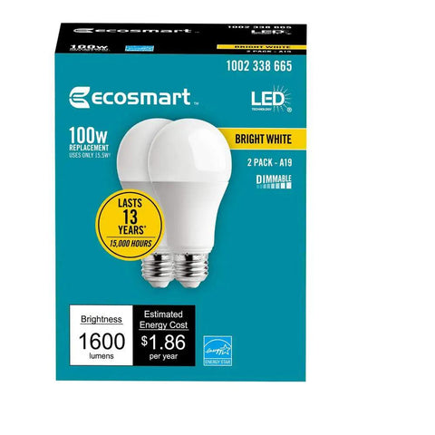 8-Pack LED Dimmable A19 Light Bulbs, 1680 Lumens, 3000K Bright White, 15W Actual, 100W Equivalent, E26 Base packaging