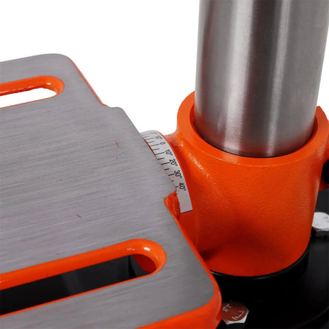 Get This Awesome 8 Inch Benchtop Drill Press With Laser Guide And Vise For Precision Drilling, close-up of tilting worktable.