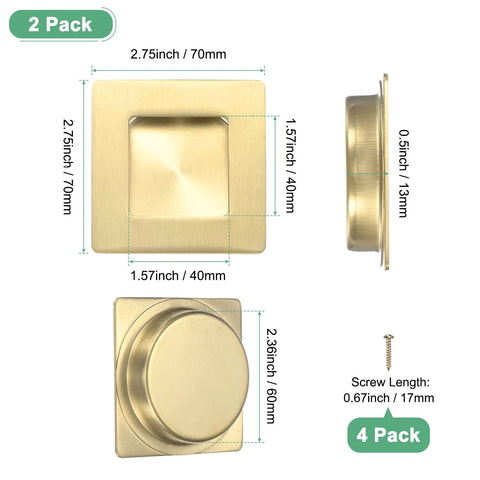 Two Pack Recessed Finger Pulls For Doors, 2.75 Inch, gold tone, 304 stainless steel sliding closet door handles, measurements shown