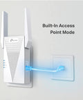 AX3000 WiFi 6 Range Extender For Home Setup, Dual Band Repeater With Ethernet Port, Boosts Coverage Up To 2400 Sq Ft And Handles 64 Devices, Easy App Setup And EasyMesh Ready, RE715X plugged into wall with blue Ethernet cable