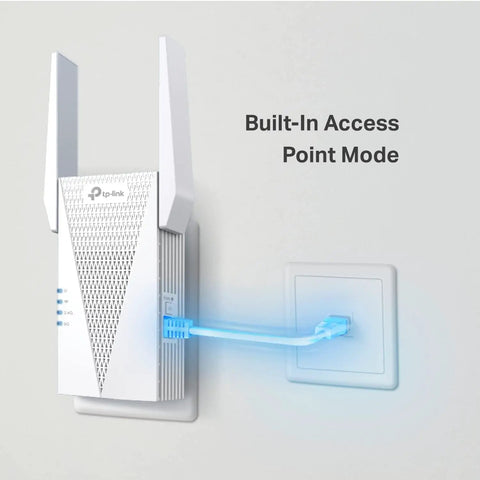 AX3000 WiFi 6 Range Extender For Home Setup, Dual Band Repeater With Ethernet Port, Boosts Coverage Up To 2400 Sq Ft And Handles 64 Devices, Easy App Setup And EasyMesh Ready, RE715X plugged into wall with blue Ethernet cable