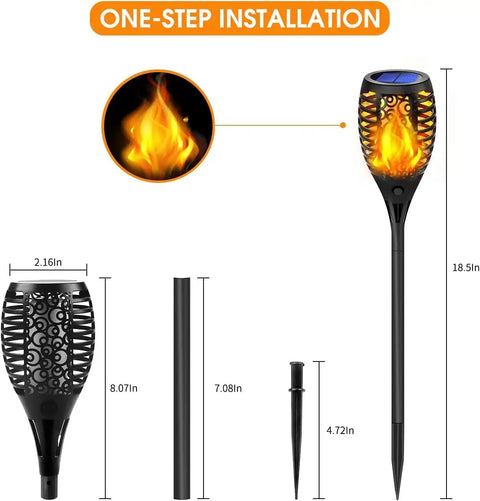Outdoor Solar Tiki Torch Lights With Realistic Flickering Flame, 8 Pack Waterproof Pathway Garden Candles For Patio Yard Walkway Halloween Decor, Wireless No Wiring Needed For Easy Setup And Nighttime Ambience, dimensions shown for installation.