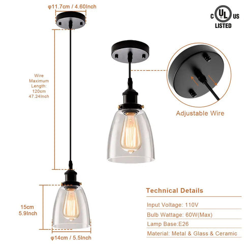 Industrial Edison Pendant Light Set For Kitchen Island And Dining Room, Clear Glass Hanging Lights With Adjustable Nylon Core Ceramic Socket, Cool Industrial Vibe For Entryway And Loft, 3 Pack Bulbs Not Included