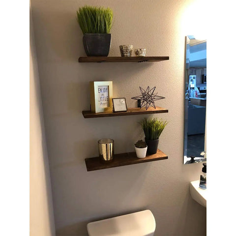 Wall with wood shelves reinforced by Heavy Duty Cast Iron Shelf Brackets 3 Inch L Shape Corner Braces Black Steel Wall Mounts With Screws