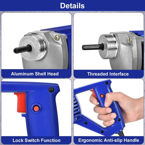 Close-up details of Powerful 1500W Handheld Concrete Vibrator With 15000 VPM showing aluminum head, handle, and lock switch