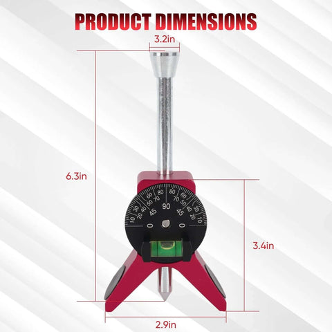 Pipe center finder tool with pink 4-inch Y-type base, metal stem, and adjustable dial bubble protractor.