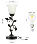 Touch Bedside Lamp With Dual USB Ports And 3 Way Dimming, Vintage White Glass Shade Leaf Design next to LED bulb and measurements