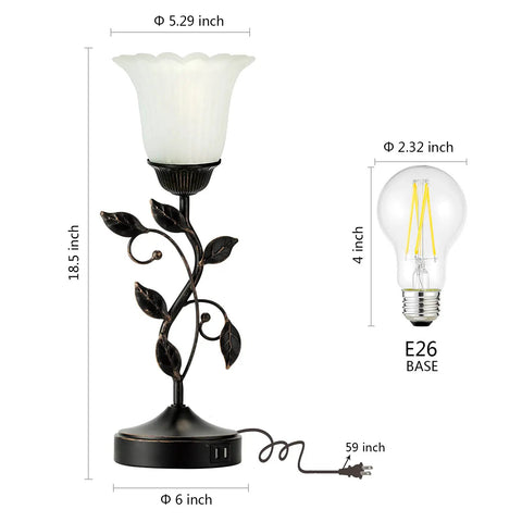 Touch Bedside Lamp With Dual USB Ports And 3 Way Dimming, Vintage White Glass Shade Leaf Design next to LED bulb and measurements