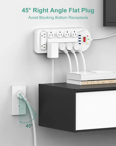 14 Outlet Power Strip With USB Ports, 6ft Heavy Duty Cord, flat plug mountable design shown with connected devices