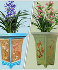 Two hexagonal flower pots with floral designs, showcasing blue and green finishes, ideal for DIY home decor and desktop crafting.