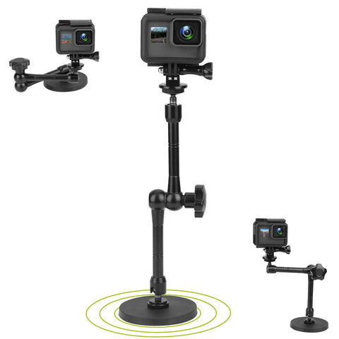 Magnetic Action Camera Mount For GoPro Hero Insta360 DJI Osmo AKASO With 3.46 Inch Rubber Coated Base And 10 Inch Adjustable Aluminum Arm