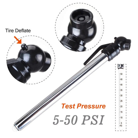 Tire deflator gauge from 20-Piece Pro Grade Air Compressor Accessory Kit With 50 Foot Hybrid Hose, showing 5-50 PSI range.